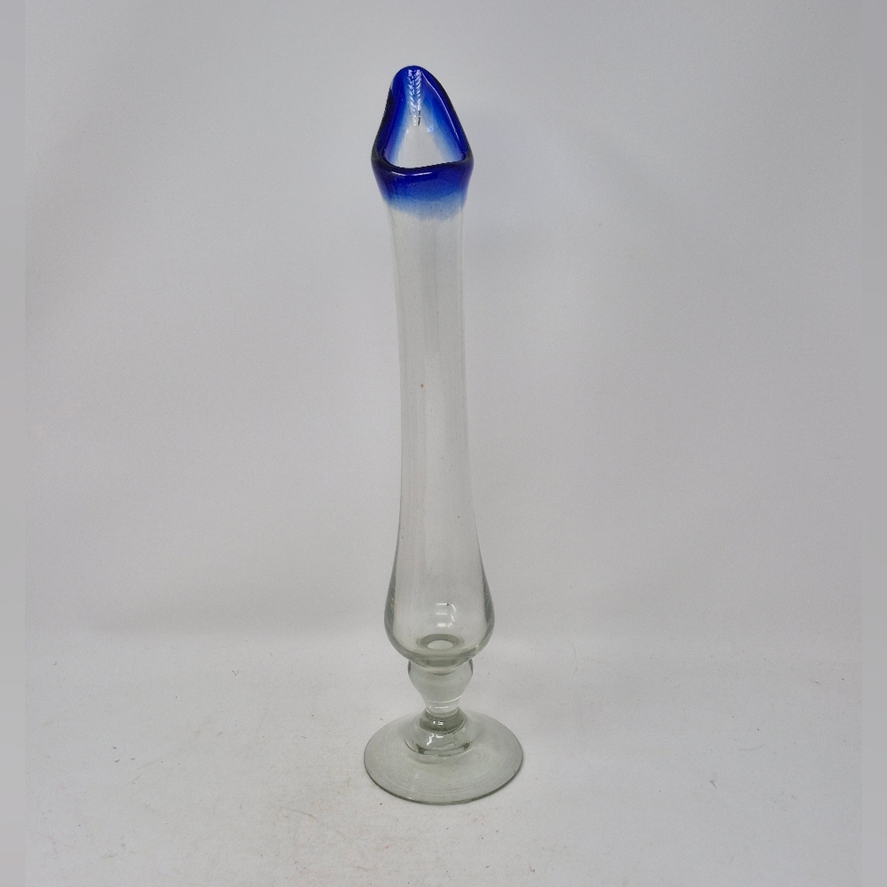 Hand Blown Clear Stretched Glass Vase With Blue Rim